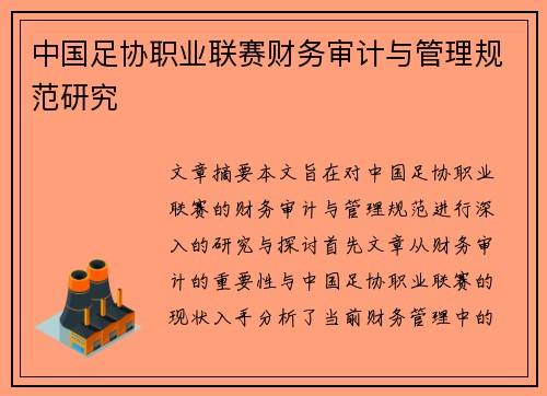 中国足协职业联赛财务审计与管理规范研究 中国足协职业联赛财务审计与管理规范研究